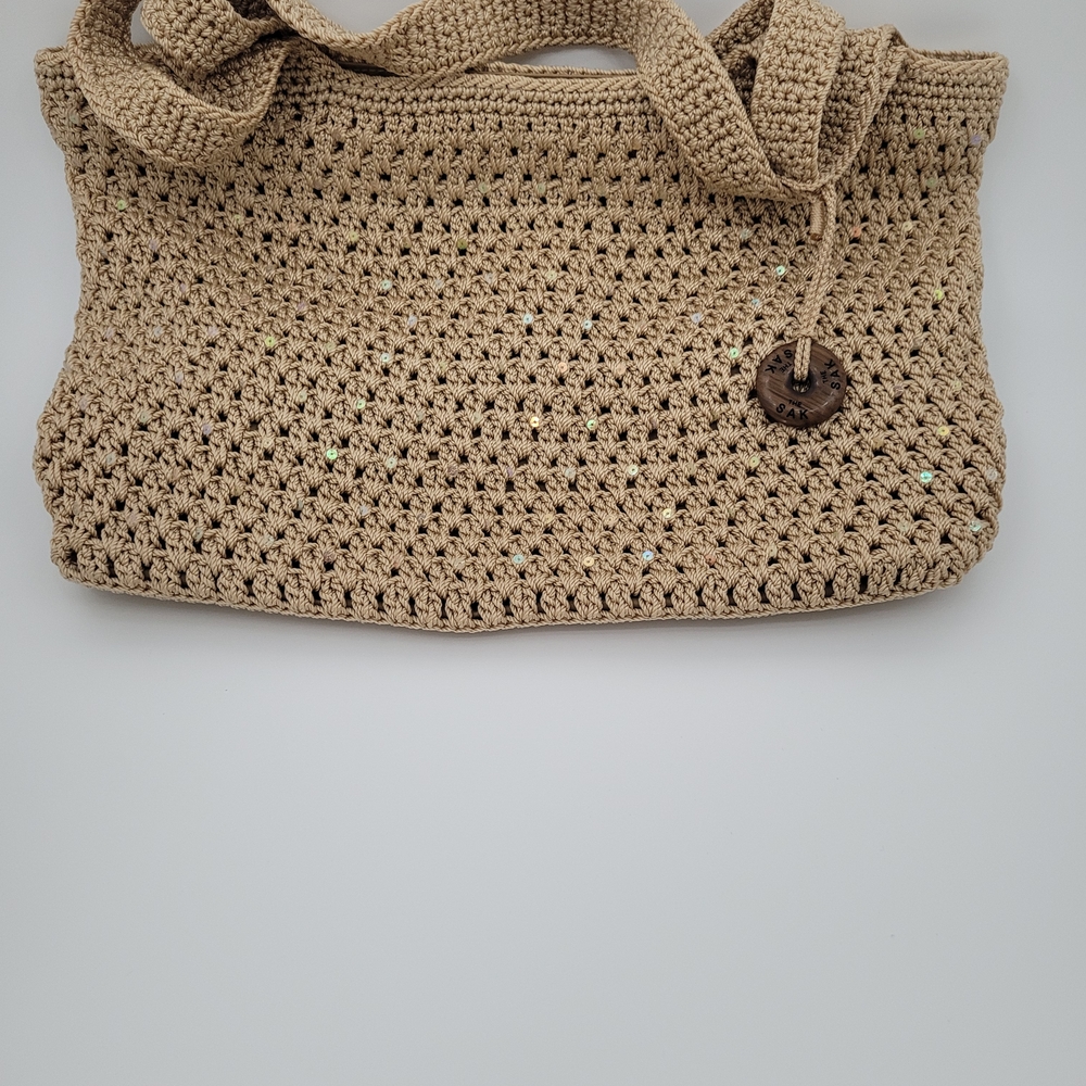 The Sak Tan Crochet Leaf Sequin Shoulder Bag  EUC